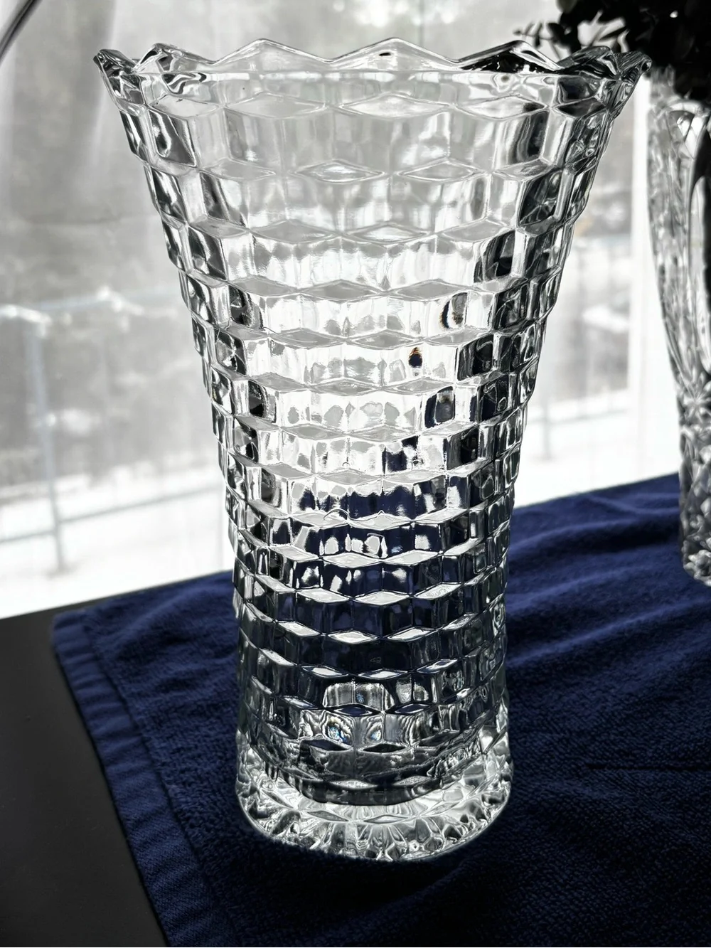 Highly Collectible Vintage Whitehall Cubist Clear Glass Flared Flower Vase -10”